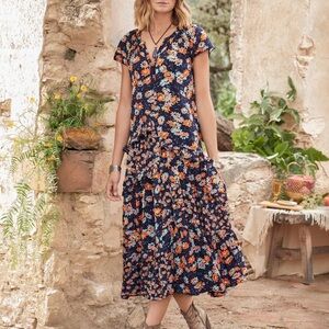 Sundace Pretty Petals Floral Blue Romantic Tiered Ruffle Midi Dress Sz M